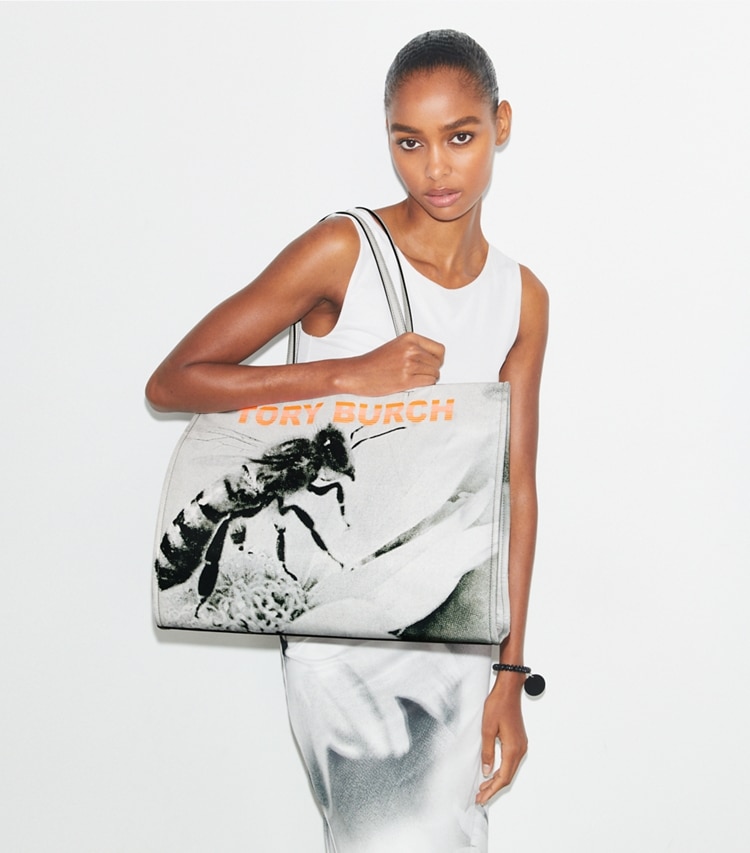 Tory Burch designer tote bags Ella Printed Tote in Bee Print accessory on model