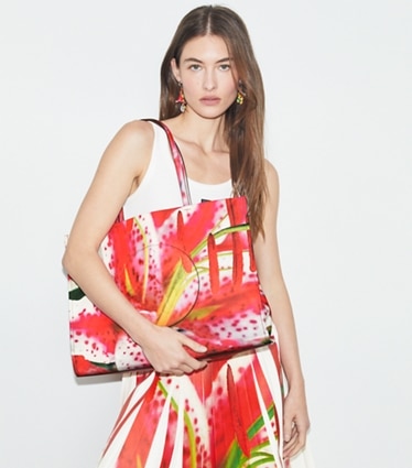 Tory Burch designer tote bags Ella Printed Tote in Bold Pink accessory on model