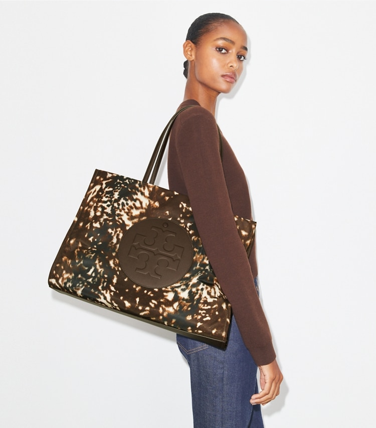 Tory Burch designer tote bags Ella Printed Tote in Fall Fawn accessory on model