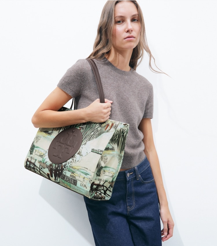 Tory Burch designer tote bags Ella Printed Tote in Forest Print accessory on model