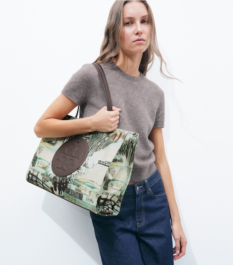 Tory Burch designer tote bags Ella Printed Tote in Forest Print accessory on model