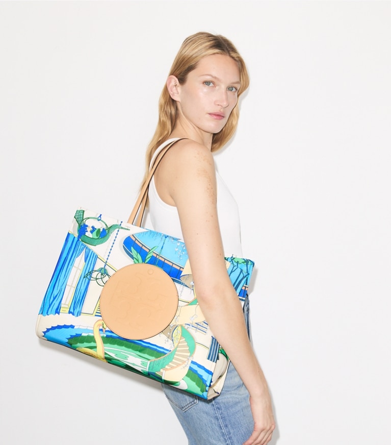Tory Burch designer tote bags Ella Printed Tote in The Pool Blue accessory on model