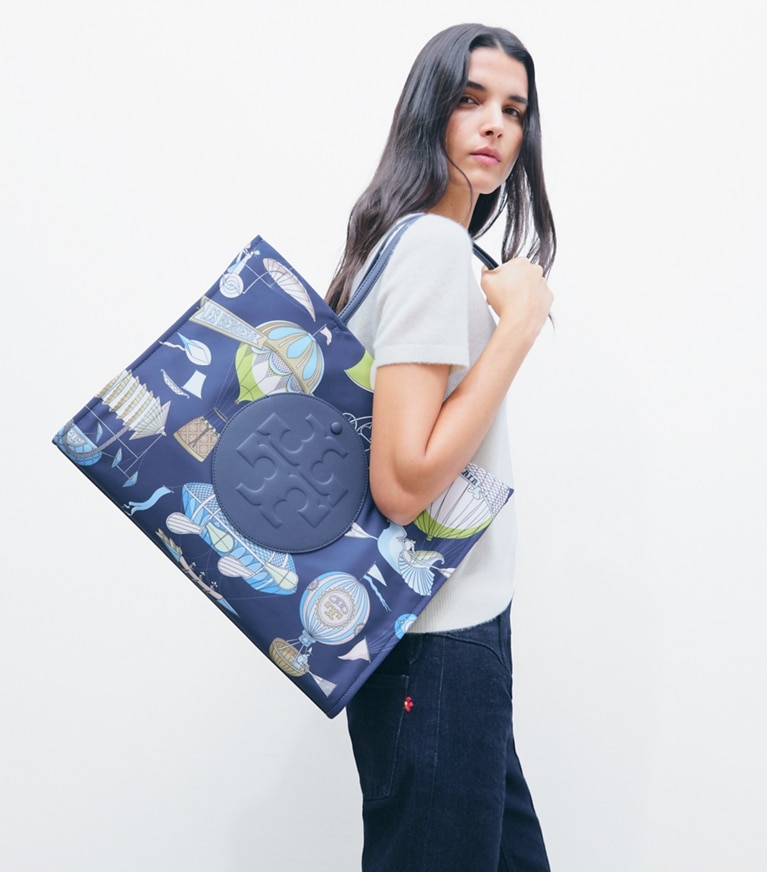 Tory Burch designer tote bags Ella Printed Tote in Hot Air Balloon Navy accessory on model