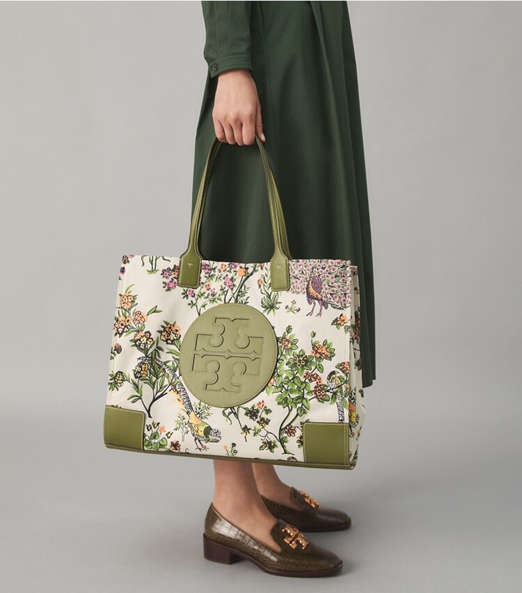Tory Burch designer tote bags Ella Printed Tote in Winter Sage accessory on model