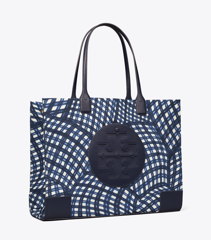 Tory Burch designer tote bags Ella Printed Tote in Navy Warped Gingham angle