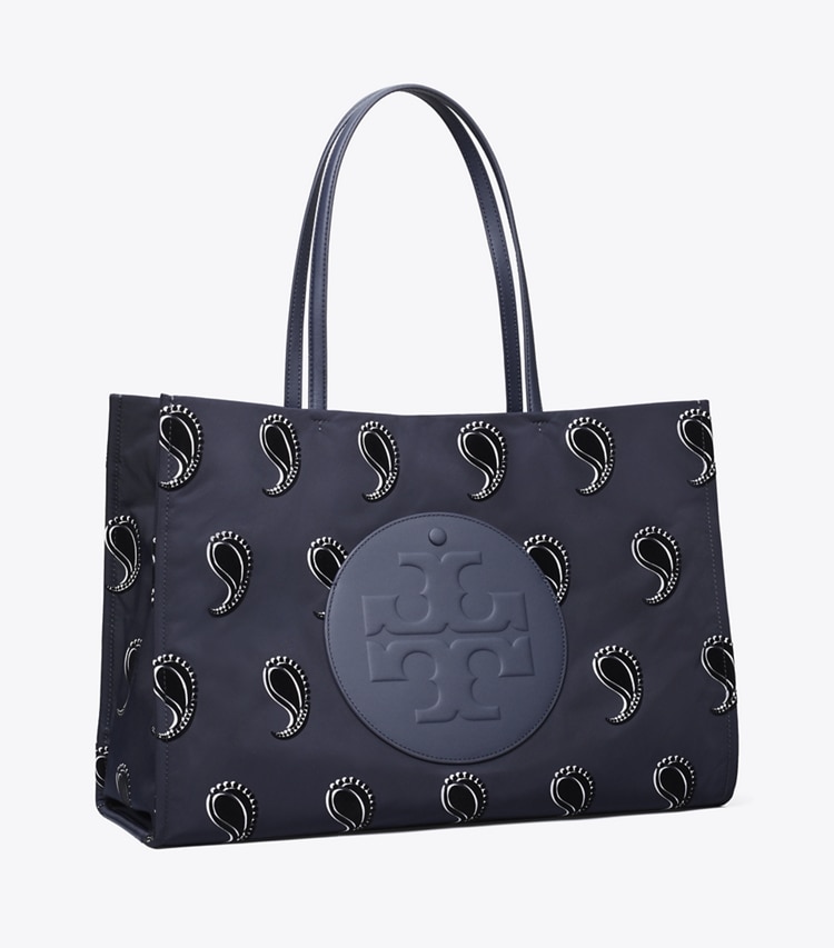 Tory Burch designer tote bags Ella Printed Tote in Medium Navy Pajama Print angle