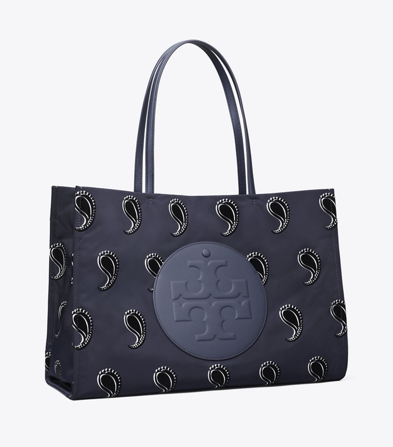 Tory Burch designer tote bags Ella Printed Tote in Medium Navy Pajama Print angle