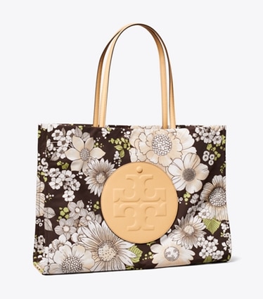 Tory Burch designer tote bags Ella Printed Tote in Floral Green/Brown angle