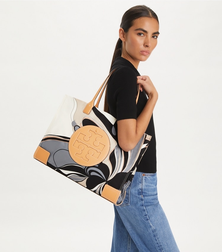 Tory Burch designer tote bags Ella Printed Tote Bag in Neutral Tulip Swirl accessory on model
