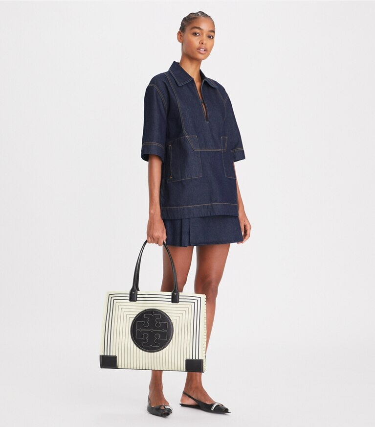 Tory Burch designer tote bags Ella Printed Tote Bag in Box Stripe  / Black angle