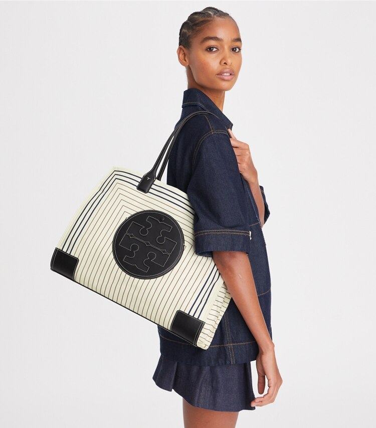 Tory Burch designer tote bags Ella Printed Tote Bag in Box Stripe  / Black additional on model