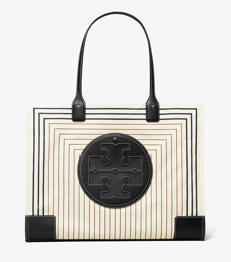 Tory Burch designer tote bags Ella Printed Tote Bag in Box Stripe  / Black front