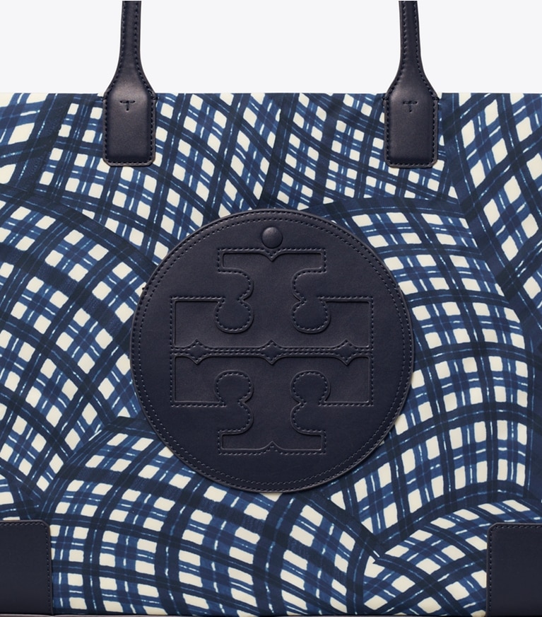 Tory Burch designer tote bags Ella Printed Tote in Navy Warped Gingham angle