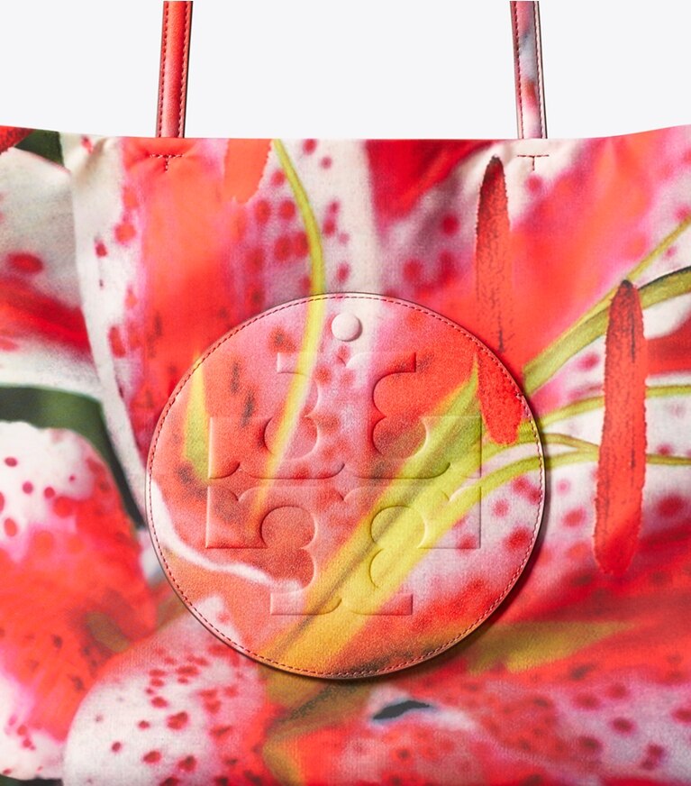 Tory Burch designer tote bags Ella Printed Tote in Bold Pink angle
