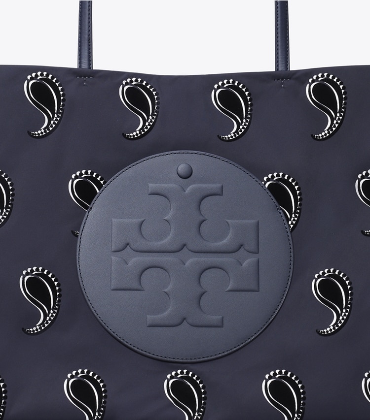 Tory Burch designer tote bags Ella Printed Tote in Medium Navy Pajama Print detail
