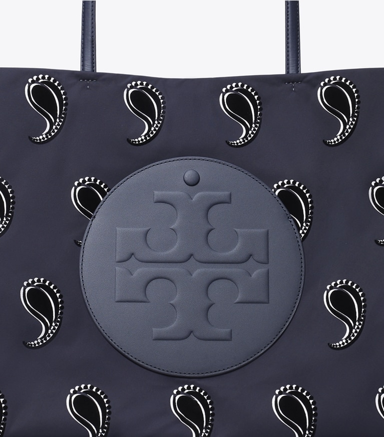 Tory Burch designer tote bags Ella Printed Tote in Medium Navy Pajama Print angle