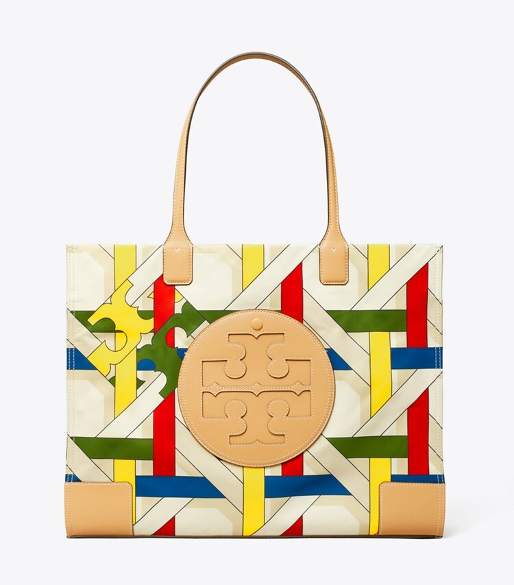 Tory Burch designer tote bags Ella Printed Tote in French Cream Basketweave front