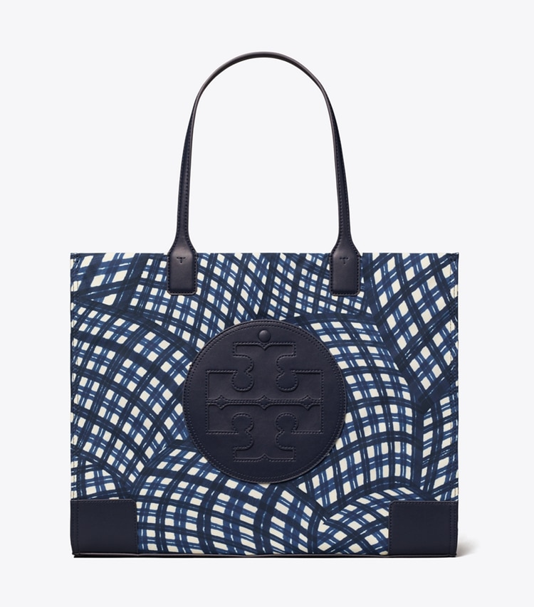 Tory Burch designer tote bags Ella Printed Tote in Navy Warped Gingham front