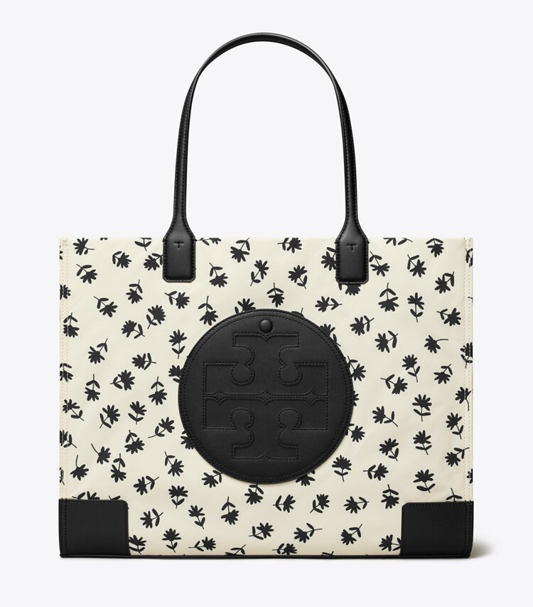 Tory Burch designer tote bags Ella Printed Tote in Black Multi Scatter Daisy front