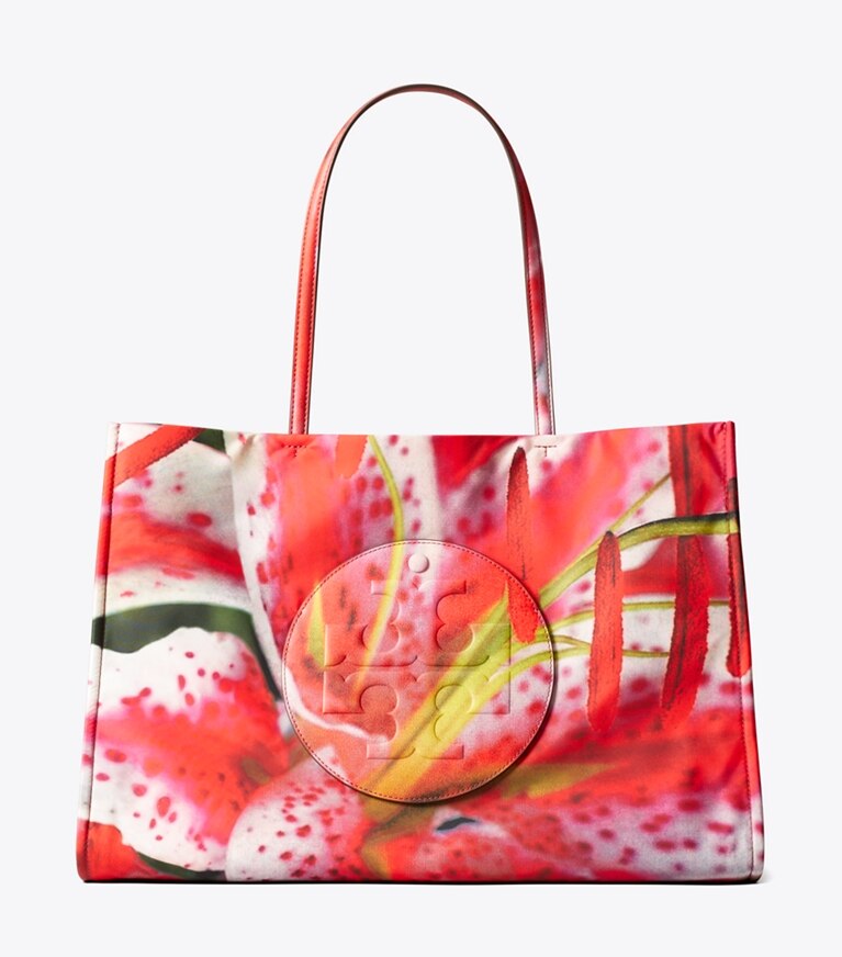 Tory Burch designer tote bags Ella Printed Tote in Bold Pink angle