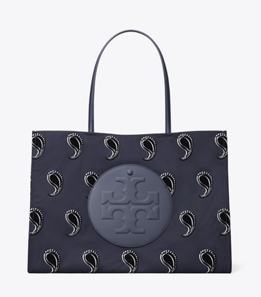 Tory Burch designer tote bags Ella Printed Tote in Medium Navy Pajama Print front