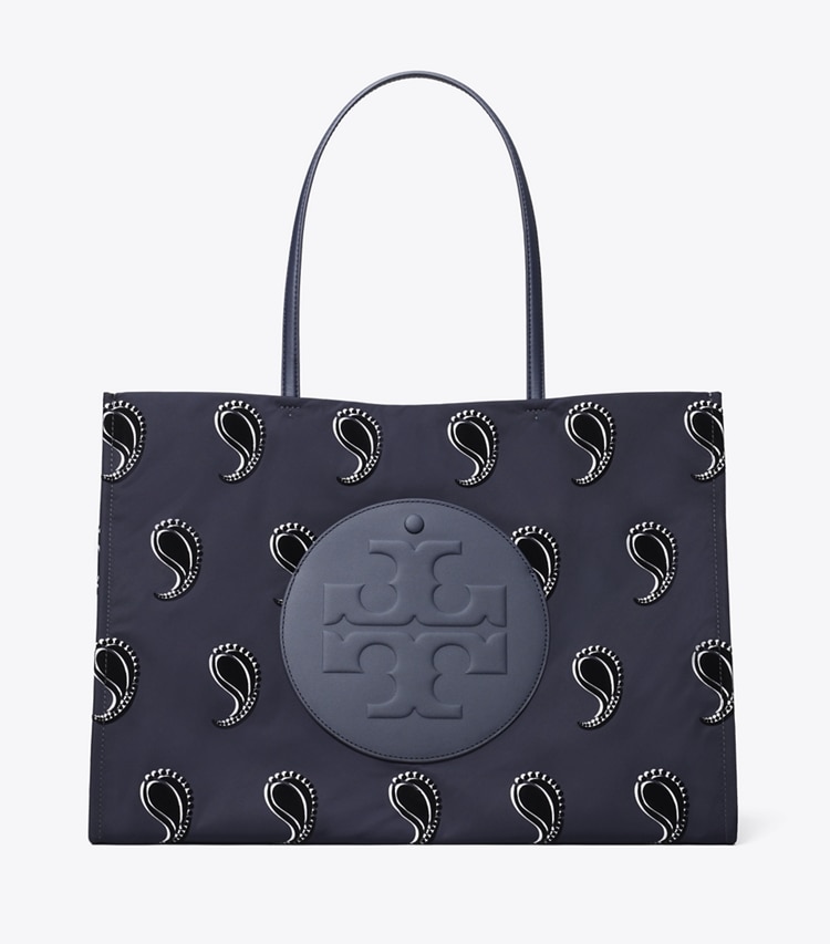Tory Burch designer tote bags Ella Printed Tote in Medium Navy Pajama Print front