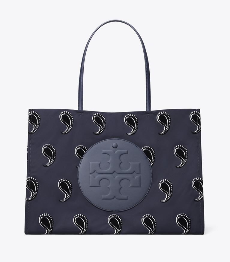 Tory Burch designer tote bags Ella Printed Tote in Medium Navy Pajama Print angle