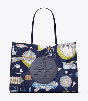 Tory Burch designer tote bags Ella Printed Tote in Hot Air Balloon Navy front