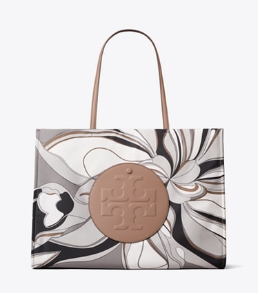 Tory Burch designer tote bags Ella Printed Tote in Tulip Swirl Gray Multi front
