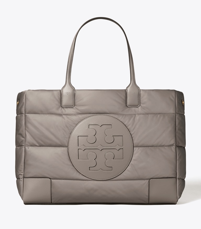 Tory Burch designer tote bags Ella Puffer Tote Bag in Gray Heron angle