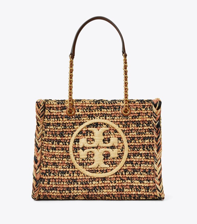 Tory Burch designer tote bags Ella Raffia Small Chain Tote  in Classic Cuoio / Natural front