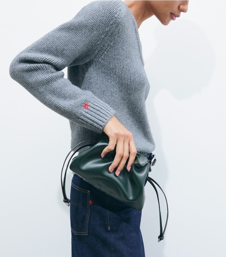 Tory Burch designer crossbody bags Ella Recycled Drawstring Pouch in Pine Tree additional on model