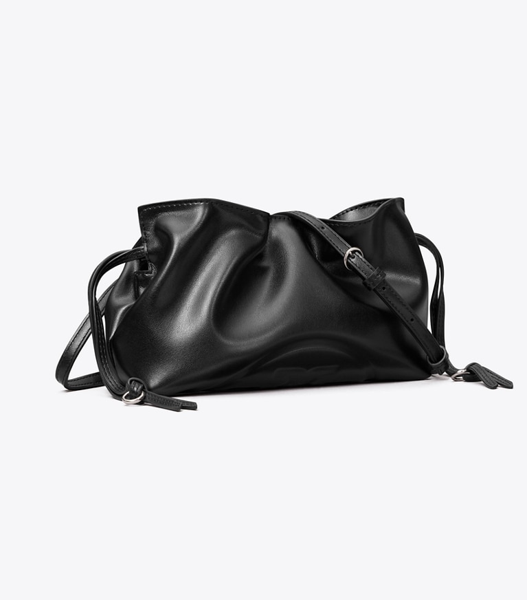 Tory Burch designer crossbody bags Ella Recycled Drawstring Pouch in BLACK angle
