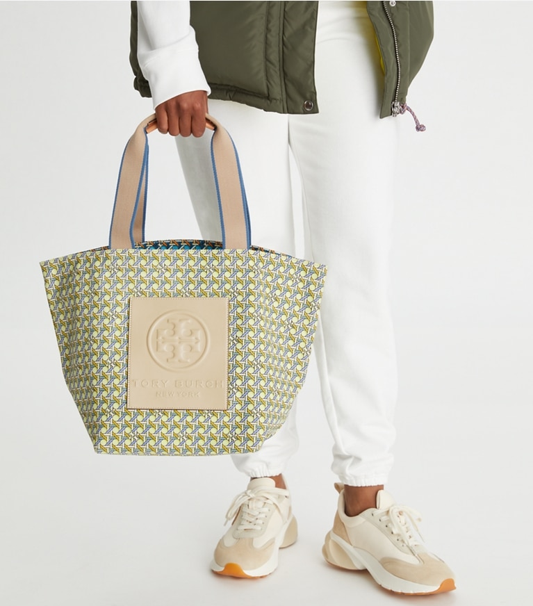 Tory Burch designer tote bags Ella Reversible Market Tote  in ACID LEMON BASKET-WEAVE angle