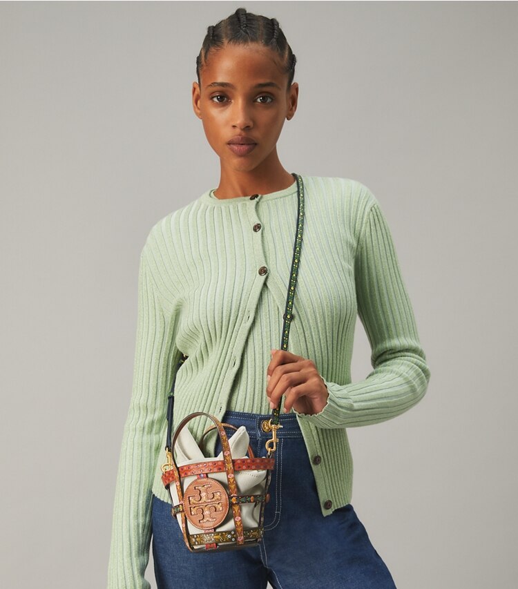 Tory Burch designer crossbody bags Ella Ribbon Micro Basket in MULTI accessory on model