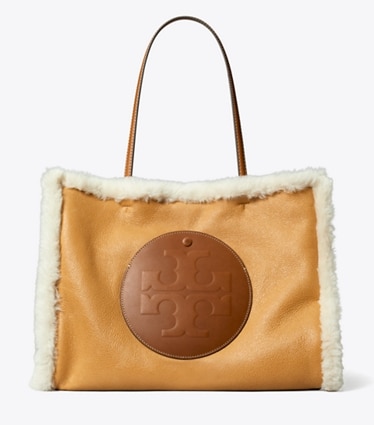 Tory Burch designer tote bags Ella Shearling Tote in LIGHT NATURAL / Brown front