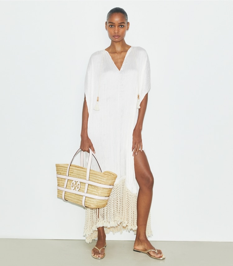 Tory Burch designer tote bags Ella Straw Basket in Blanc accessory on model