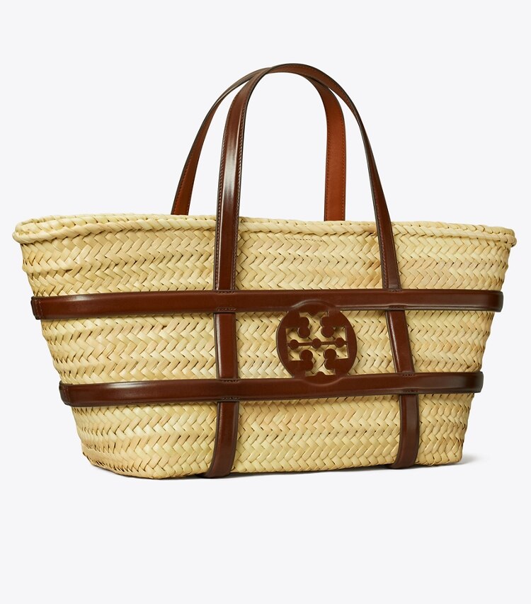 Tory Burch designer tote bags Ella Straw Basket in Classic Cuoio angle