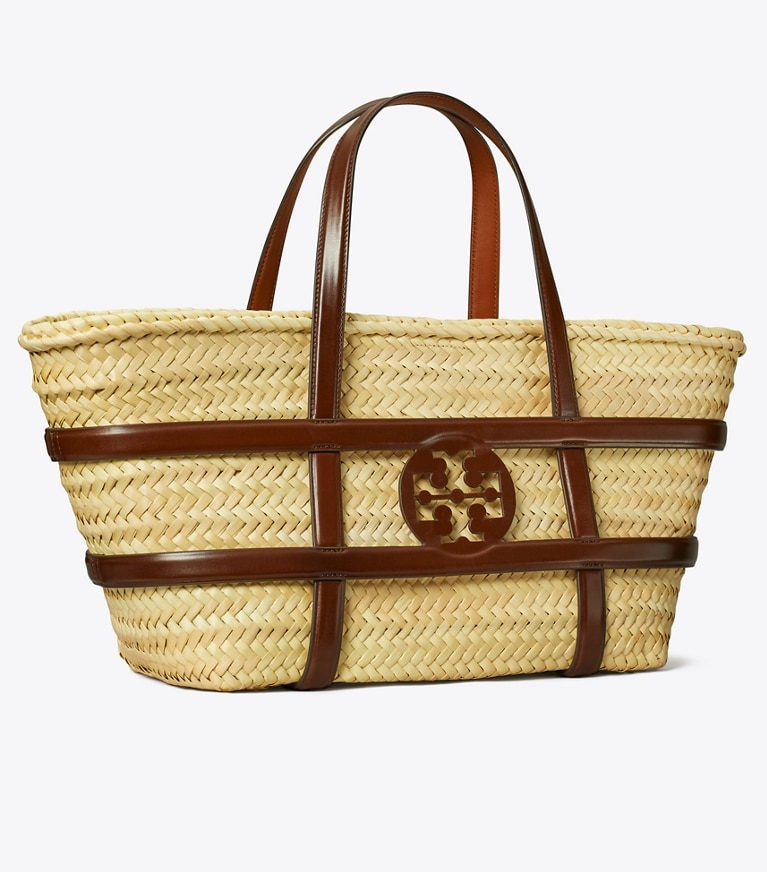 Tory Burch designer tote bags Ella Straw Basket in Classic Cuoio angle