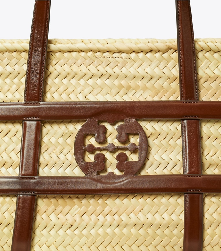 Tory Burch designer tote bags Ella Straw Basket in Classic Cuoio angle