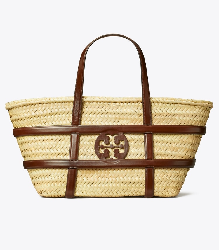 Tory Burch designer tote bags Ella Straw Basket in Classic Cuoio front