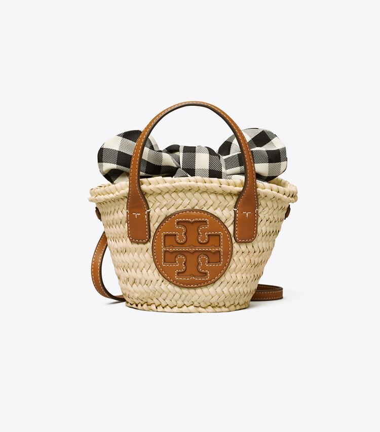 Tory Burch designer crossbody bags Ella Straw Basket Micro Tote Bag in Natural / Classic Cuoio front