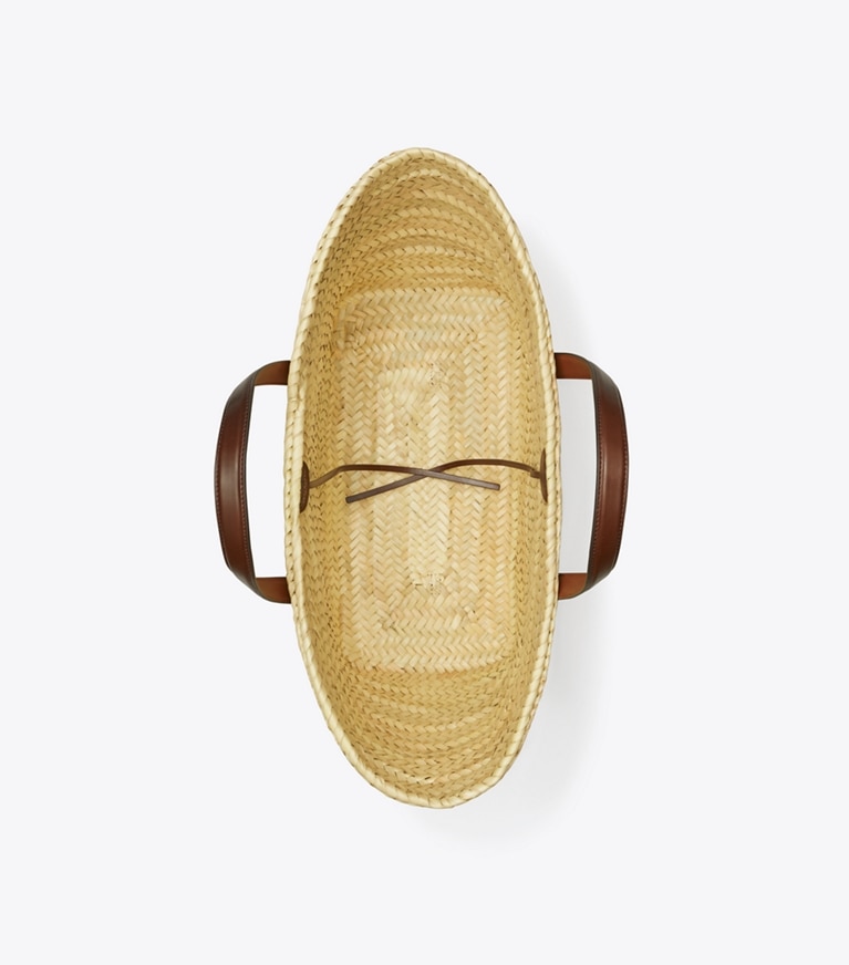 Tory Burch designer tote bags Ella Straw Basket in Classic Cuoio angle
