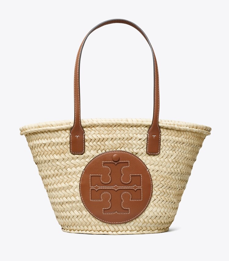 Tory Burch designer tote bags Ella Straw Basket Tote  in Natural / Classic Cuoio front