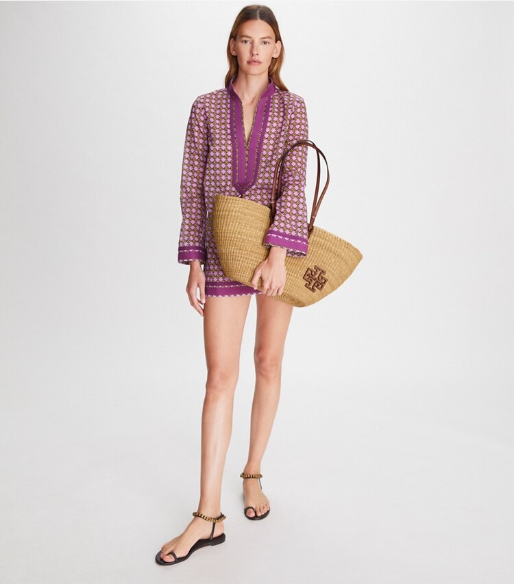 Tory Burch designer tote bags Ella Straw Basket Tote in Natural additional on model
