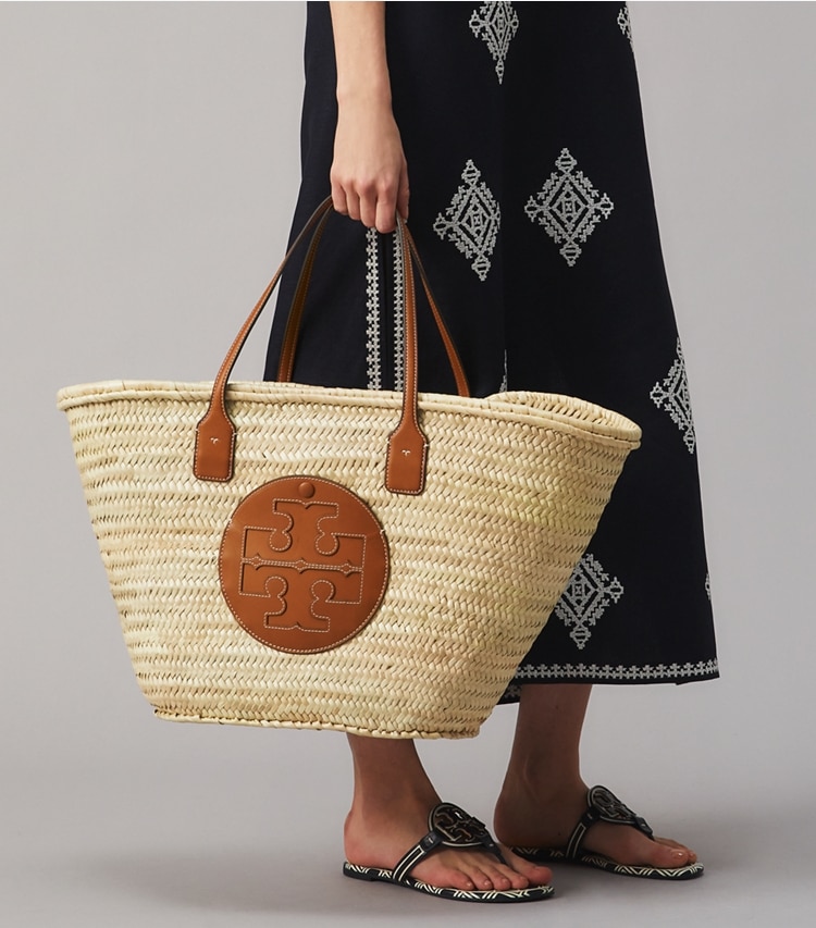 Tory Burch Straw Perforated Logo Tote Bag, Tory Navy/natural In  Natural/gold