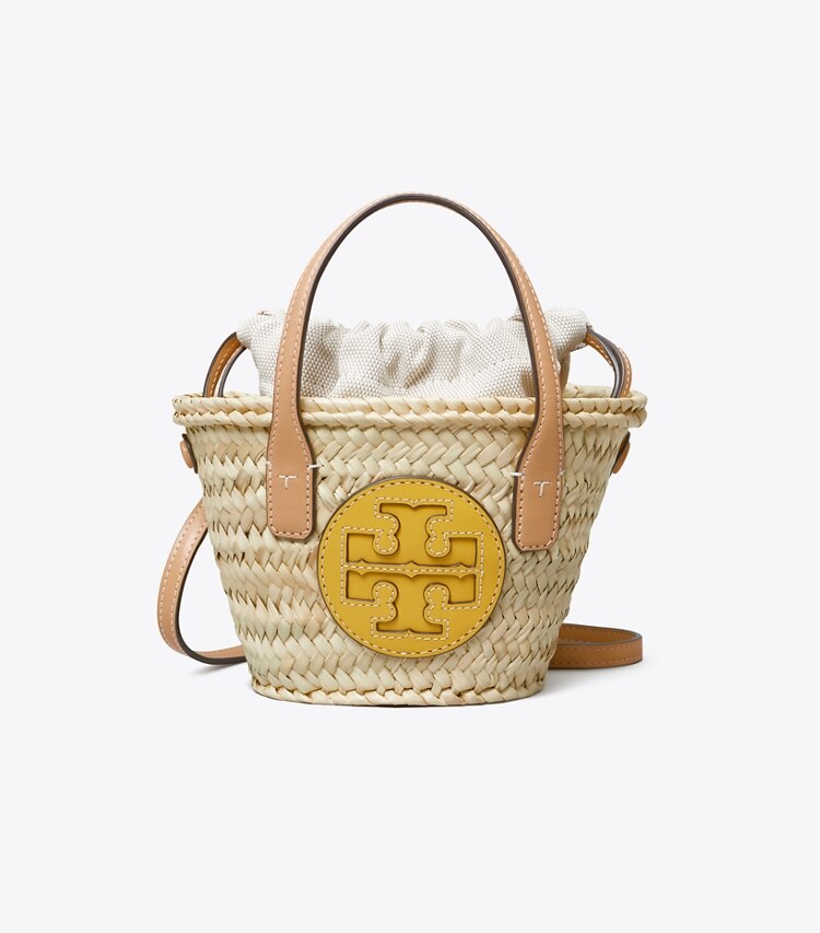 Tory Burch designer crossbody bags Ella Straw Mini Basket in Natural / Golden Sunset front
