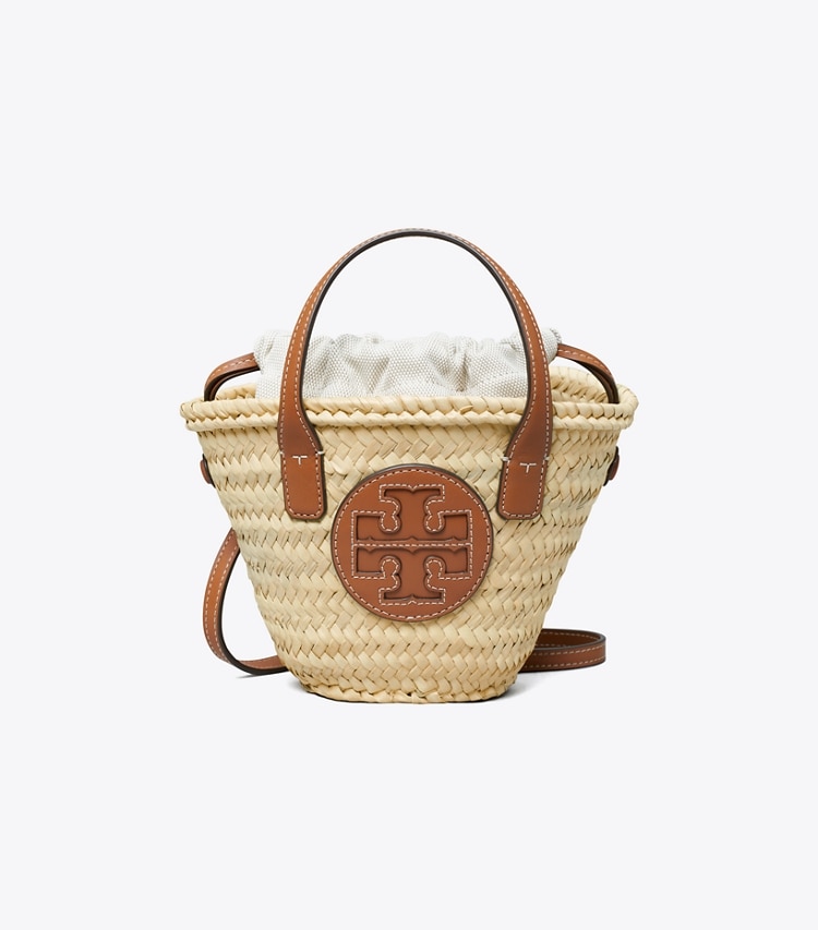 Tory Burch designer crossbody bags Ella Straw Mini Basket in Natural / Classic Cuoio front