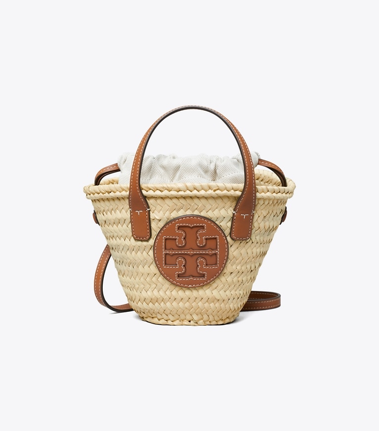 Tory Burch designer crossbody bags Ella Straw Mini Basket in Natural / Classic Cuoio angle