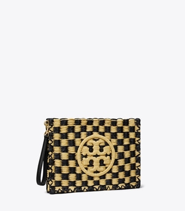 Tory Burch designer wristlets Ella Straw Pouch in Black / Natural angle